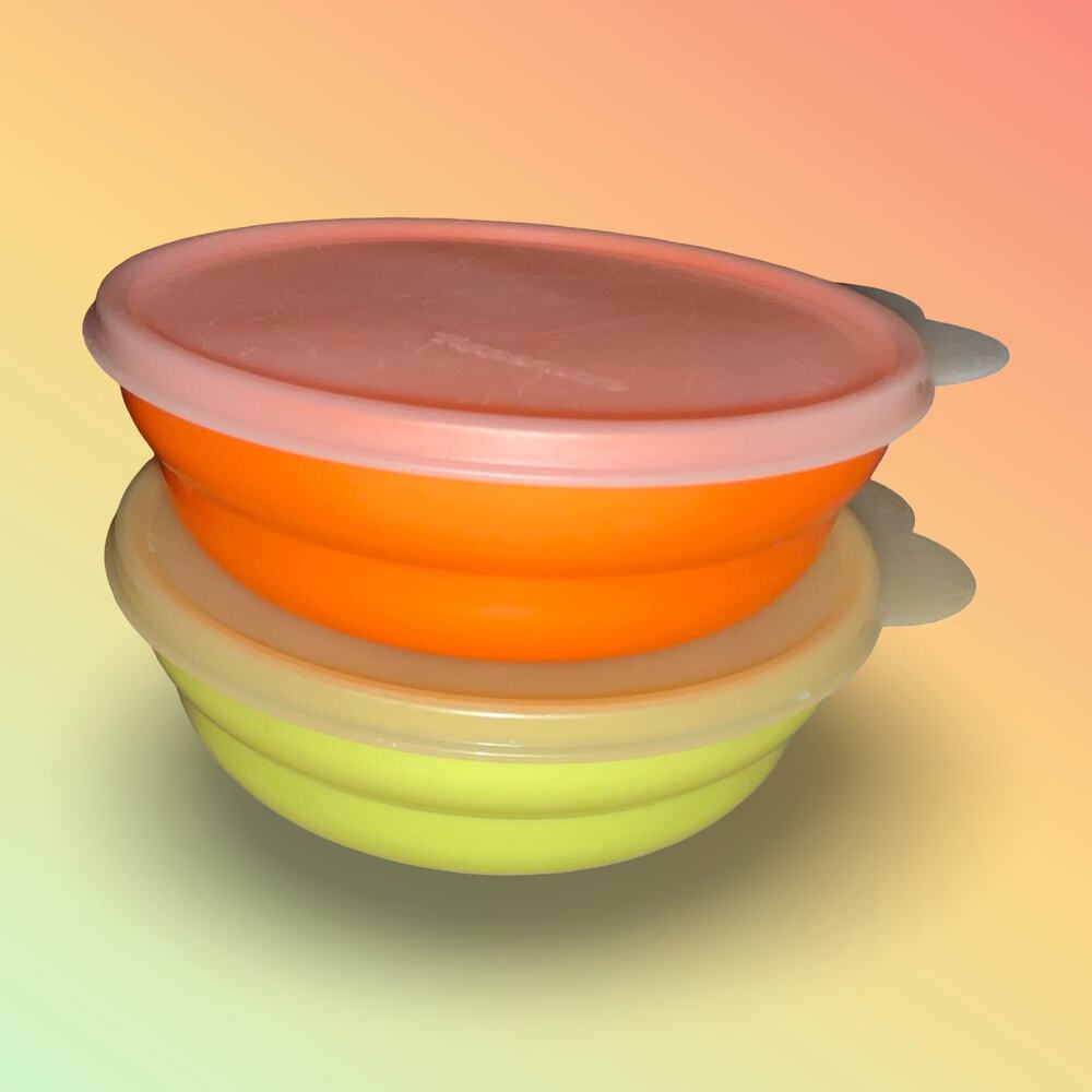 Vintage Tupperware Cereal Bowls 2415 Yellow Orange Butterfly Lids 2541 Lot of 2